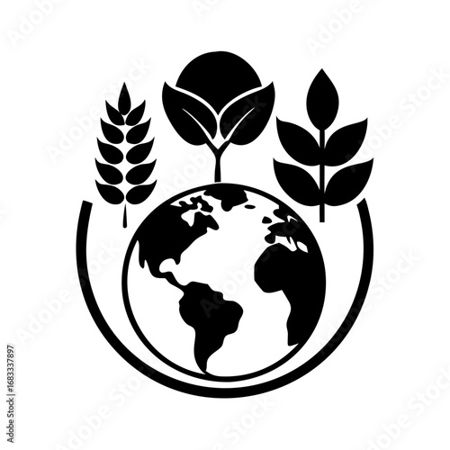 Vector art of world organic agriculture and farming concept with earth globe, wheat, and cotton plant
