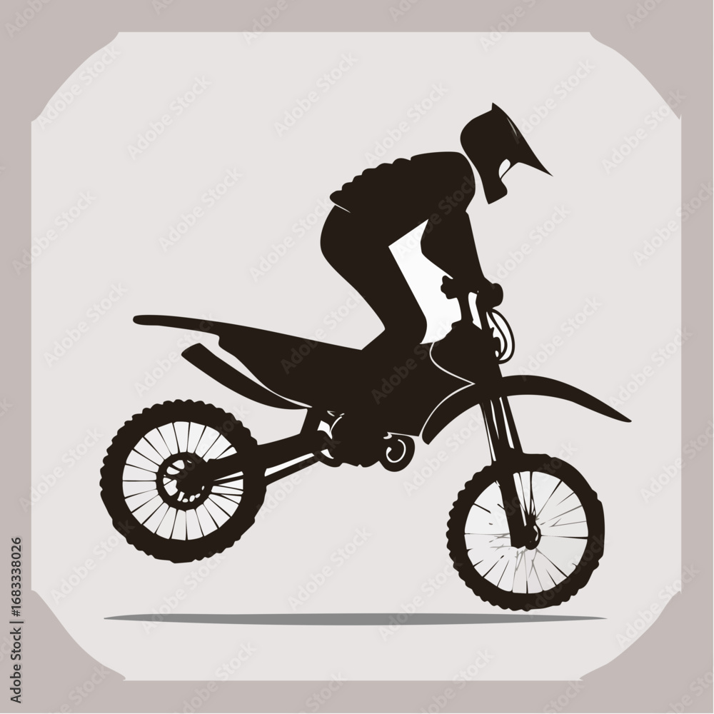 Naklejka premium Dirt bike wheelie silhouette. This image shows a black silhouette of a rider performing a wheelie on a dirt bike, highlighting thrill and motion. Vector clipart illustration design.