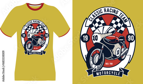 Classic Racing Team Motorcycle Graphic with Checkered Flags and Vintage Style