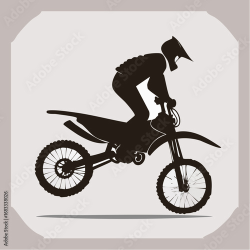 Dirt bike wheelie silhouette. This image shows a black silhouette of a rider performing a wheelie on a dirt bike, highlighting thrill and motion. Vector clipart illustration design.