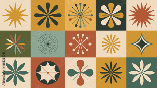 Vector art of retro geometric floral pattern in warm earth tone colors 