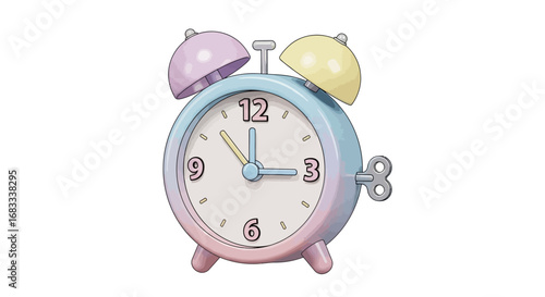 Cute pastel alarm clock illustration isolated on a white background, representing the concept of morning routines and time management