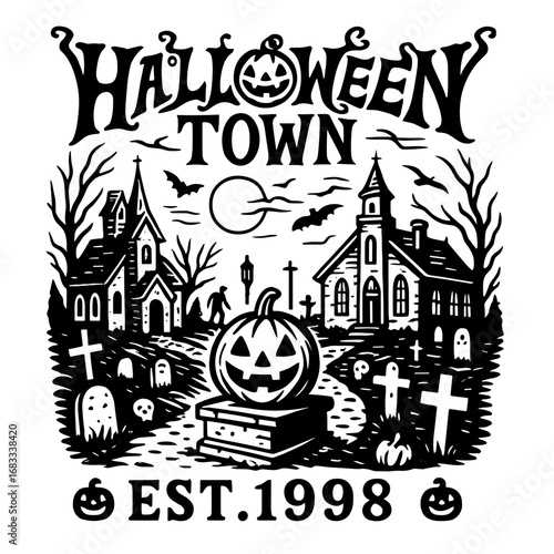 Haunted library with gothic architecture, pumpkins, ghosts, bats, and spooky trees in black and white
