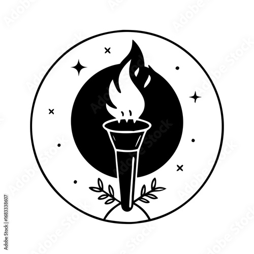 Vector art of burning torch emblem design, a symbol of inspiration and achievement, surrounded by stars and decorative elements in a circle