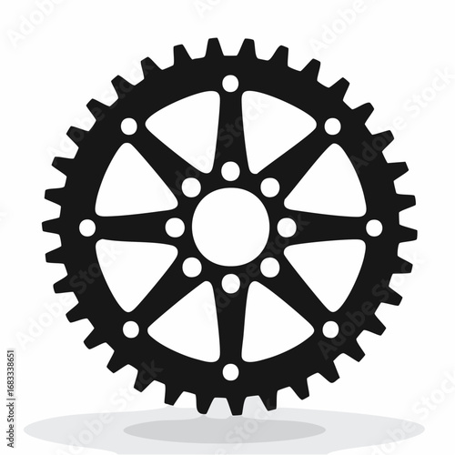Bike sprocket silhouette. This image shows a black silhouette of a circular bike sprocket with visible teeth, symbolizing mechanics and engineering. Vector clipart illustration design.