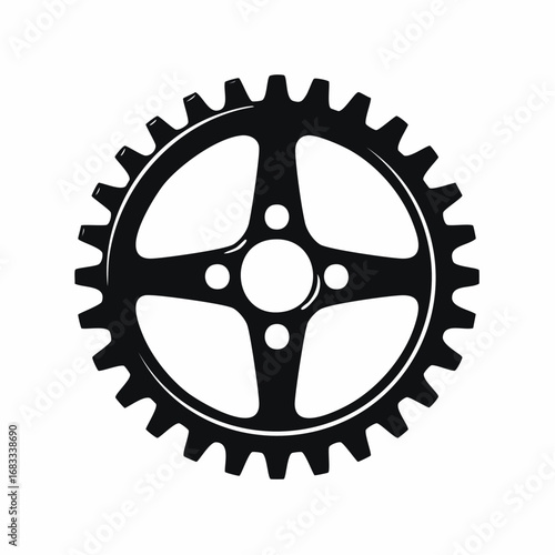 Bike sprocket silhouette. This image shows a black silhouette of a circular bike sprocket with visible teeth, symbolizing mechanics and engineering. Vector clipart illustration design.