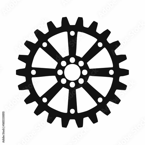 Bike sprocket silhouette. This image shows a black silhouette of a circular bike sprocket with visible teeth, symbolizing mechanics and engineering. Vector clipart illustration design.