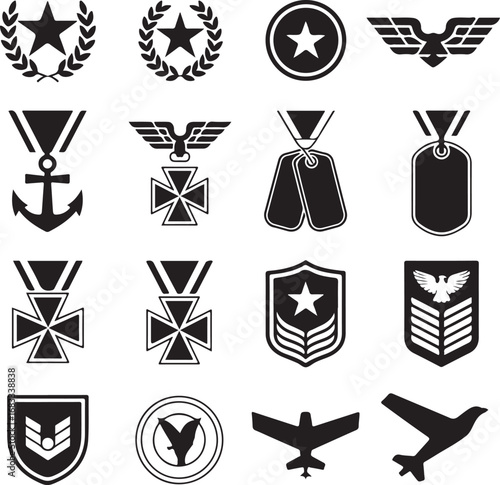 Set of black and white icons featuring military medals badges and aviation symbols laurel wreath