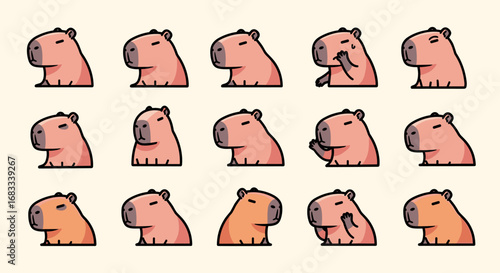 Cartoon capybara character collection with various poses and expressions.
