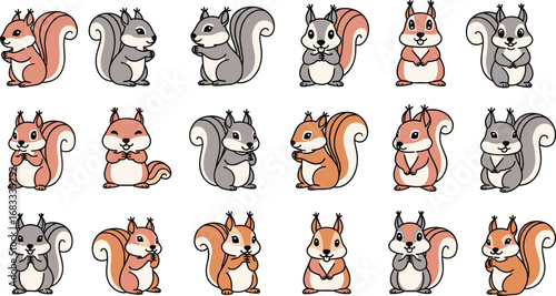 Collection of cartoon squirrels in different poses, colors and expressions.