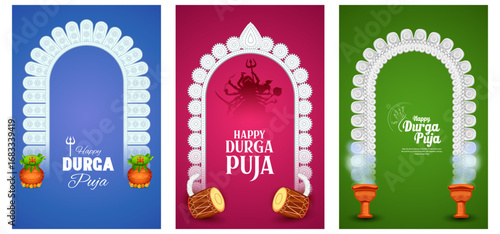 Goddess Durga in Happy Durga Puja Subh Navratri Indian religious background design for Promotion Offer Sale Banner