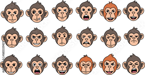 Cartoon monkey faces with various emotional expressions, set of illustrations.