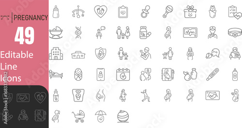 Collection Of Modern Editable Thin Stroke Line Style Pregnancy And Maternity Motherhood Related Icons Set Contains Fertility, Hormone Therapy, Medical Examination And More Isolated  Background