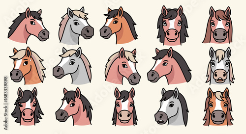 Collection of cartoon horse heads with varying colors and expressions.