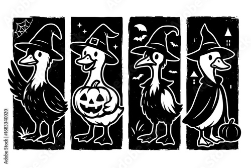 Cartoon ducks dressed in Halloween costumes with pumpkins in black and white comic style
