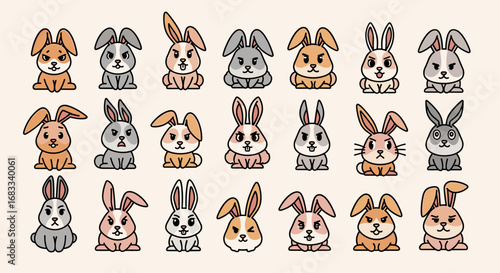 Collection of twenty cartoon rabbits with various expressions and colors sitting. Vector illustration