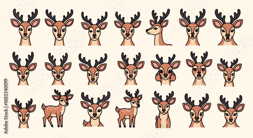Cartoon deer faces and bodies with different expressions and poses illustration