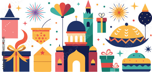 Colorful Celebration Featuring Islamic Motifs and Festive Decor, Including a Mosque, Gifts, and Traditional Decorations, Creating a Joyful and Culturally Rich Visual Composition