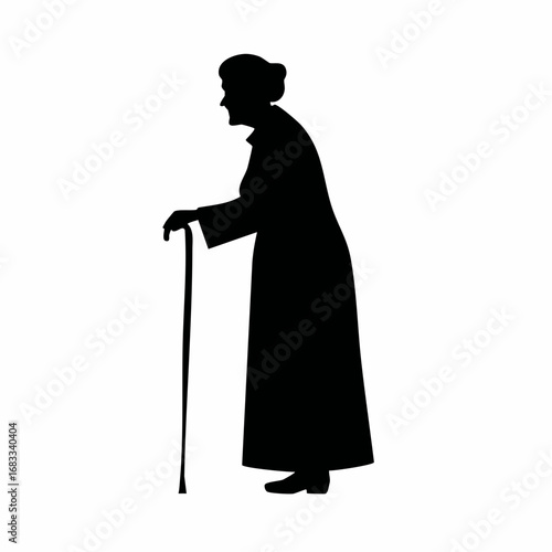 Old woman silhouette. An elderly figure standing with a hunched posture, symbolizing wisdom and dignity. Vector clipart black illustration design.