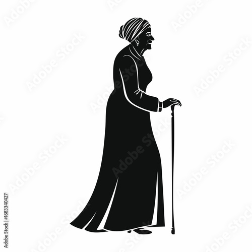 Old woman silhouette. An elderly figure standing with a hunched posture, symbolizing wisdom and dignity. Vector clipart black illustration design.
