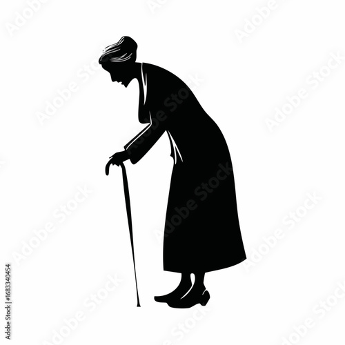 Old woman silhouette. An elderly figure standing with a hunched posture, symbolizing wisdom and dignity. Vector clipart black illustration design.