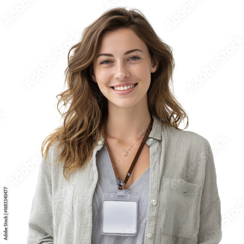 Woman with ID badge smiling isoleted on transparent background .