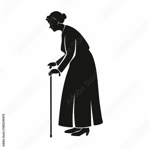 Old woman silhouette. An elderly figure standing with a hunched posture, symbolizing wisdom and dignity. Vector clipart black illustration design.