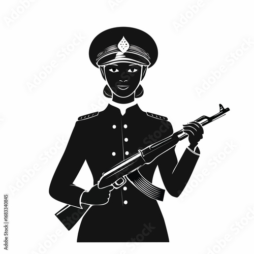 Female veteran silhouette. A woman in military uniform holding a rifle, symbolizing duty and strength. Vector clipart black illustration design.