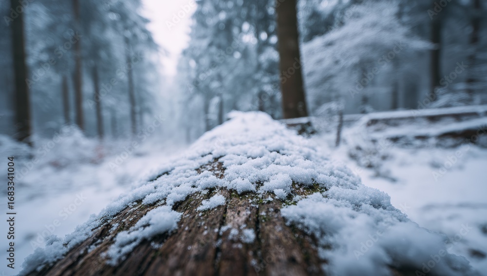 Fototapeta premium Snowy forest log. A log covered in fresh snow in a wintry forest