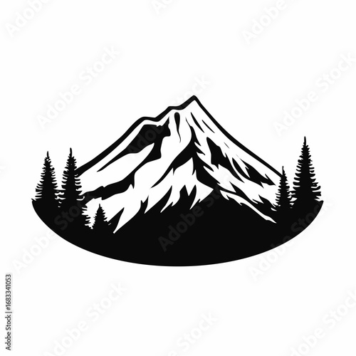 Mount Rainier silhouette. This image showcases a bold black outline of Mount Rainier with sharp peaks and rugged contours. Vector black clipart illustration design.