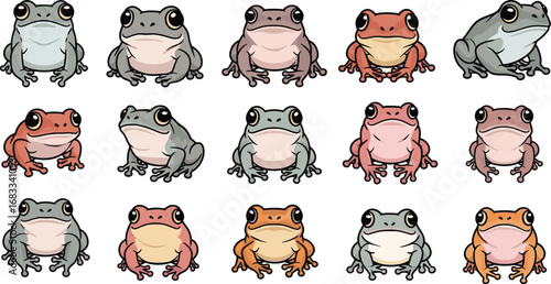 Cartoon illustration of fifteen colorful frogs sitting and staring ahead