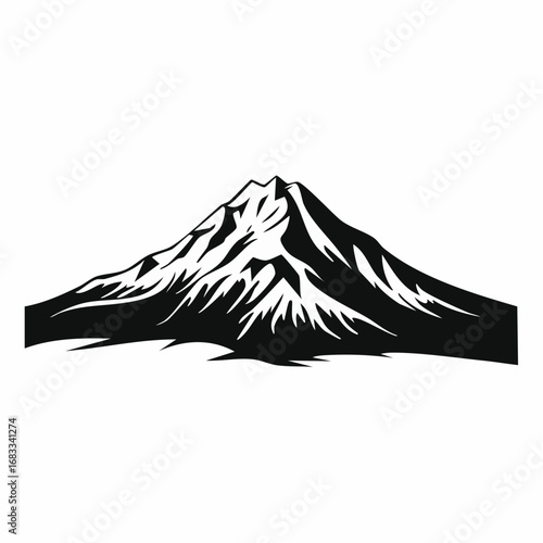 Mount Rainier silhouette. This image showcases a bold black outline of Mount Rainier with sharp peaks and rugged contours. Vector black clipart illustration design.