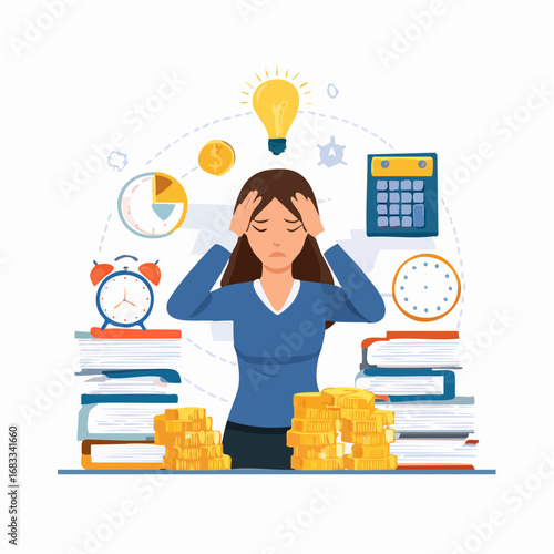 Overwhelmed businesswoman with financial stress and deadlines.