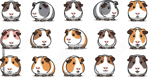 Cartoon illustration of fifteen guinea pigs in different colors and poses