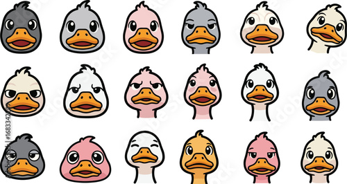 Cartoon duck faces collection with varied colors and expressions.