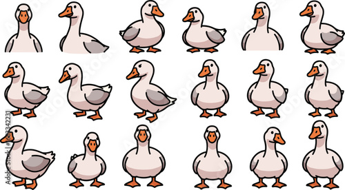 Set of cartoon geese in various poses on a beige background