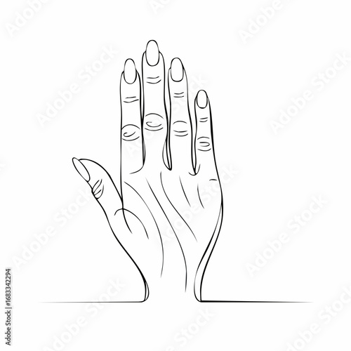Hand nail drawing. It is a black and white outline image of a hand with visible nails, emphasizing the details of the fingernails. Vector sketch line art draw.