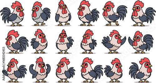 Cartoon rooster set. Collection of animated chicken illustrations with various poses and expressions on an isolated background.