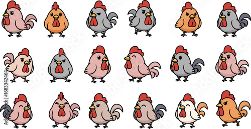 Cartoon chickens with various colors and expressions, a diverse flock
