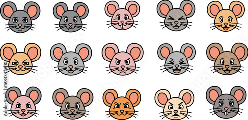 Fifteen cartoon mouse faces display various expressions in a grid.