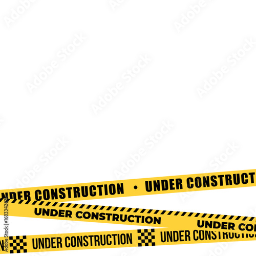 Under construction yellow warning tape safety stripe. Caution barrier stripe for safety zone, blocked area, website page, road work, site maintenance, redesign progress. Vector illustration.