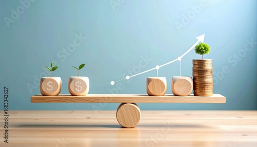 A wooden balance scale displays coins and potted plants, symbolizing growth and investment in financial success.