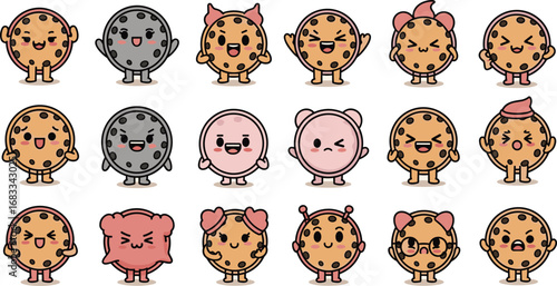 Cartoon cookies collection with various expressions in cute flat design style