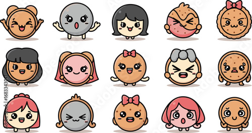 Collection of fifteen cute cartoon cookie characters with different expressions and accessories