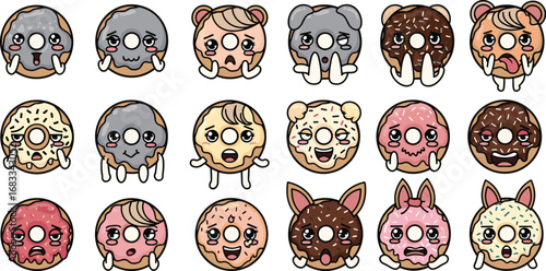 Collection of donuts with faces, some designed with animal features and various emotional expressions.