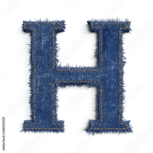 Denim Elegance: A photorealistic letter 'H' rendered in intricate detail from textured denim, perfect for design.