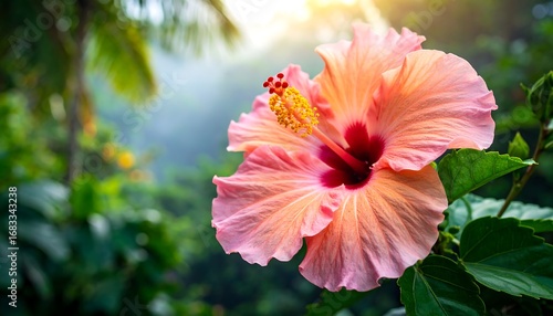 Wallpaper Mural Vibrant peach hibiscus in lush garden Torontodigital.ca