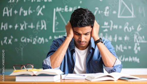 Stressed Asian student in a classroom. Shoot against blackboard with formula from many chemistry math and other study subjects