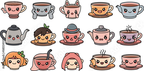 Cute cartoon teacups and teapots with faces in a kawaii style illustration