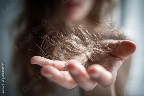 Close-up of a woman holding fallen hair strands in her hand, symbolizing hair loss, stress, or scalp issues. Ideal for beauty, haircare, and health-related content.